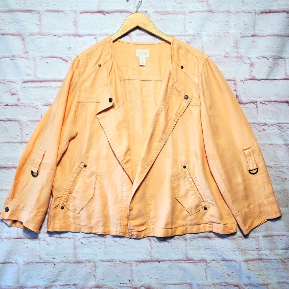 Chicos 3 Jacket Womens XL Orange Linen Roll Tab Sleeve Pockets Boho Layering